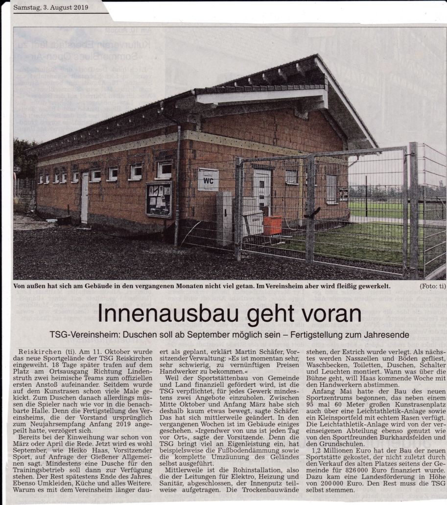 Zeitungsartikel "Innenausbau geht voran" vom 3. August 2019