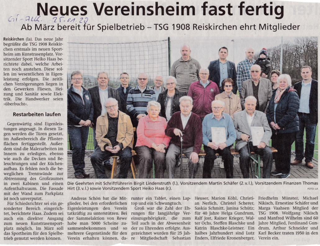Zeitungsartikel "Neues Vereinsheim fast fertig" vom 25. Januar 2020