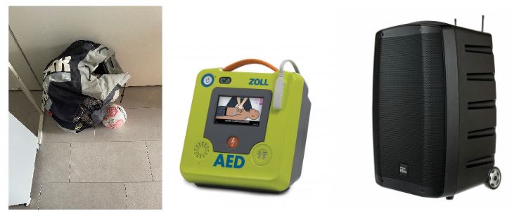 Bilder von verschiedenen Gegenständen: Ballsack mit Fußbällen, Defibrillator, mobile Lautsprecherbox.